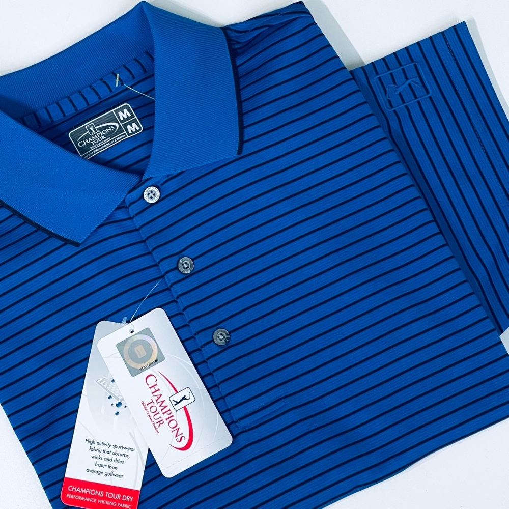 Champions Tour Striped Polo Golf Shirt Short Sleeve Stretch Knit Collar Blue